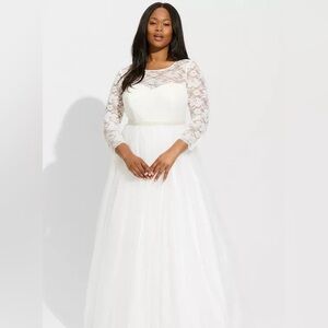 torrid White Lace Sleeve A-Line Tulle Wedding Dress
